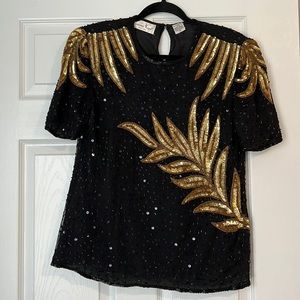 Laurence Kazar Black & Gold Sequin Blouse Size M 100% silk